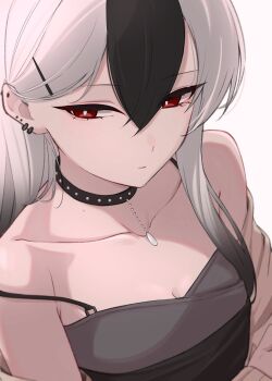 bare_shoulders black_dress blue_archive breasts cleavage collar commentary_request dress earrings exiadoon highres jewelry kayoko_(blue_archive) multicolored_hair red_eyes small_breasts upper_body white_background