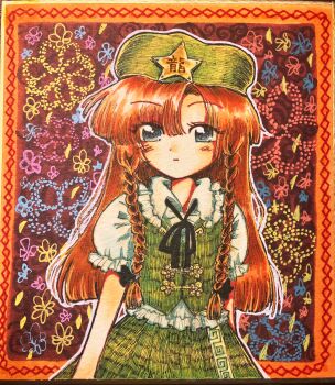 Rule 34 | 1girl, absurdres, blue eyes, bow, braid, collared shirt, commentary request, frilled shirt, frills, hair bow, hat, hat ornament, highres, hong meiling, long hair, looking to the side, marker (medium), neck ribbon, okizari, orange hair, parted bangs, ribbon, shirt, short sleeves, side braids, skirt, skirt set, solo, star (symbol), star hat ornament, touhou, traditional media