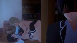 1girl 2boys 3d animated artist_request black_hair blonde_hair bouncing_breasts breasts clenched_teeth cum hayama_hayato hikigaya_hachiman koikatsu_(medium) legs_up long_hair looping_animation multiple_boys netorare open_mouth school_uniform sex shoes small_breasts source_request tagme teeth thighhighs video voyeurism yahari_ore_no_seishun_lovecome_wa_machigatteiru. yukinoshita_yukino