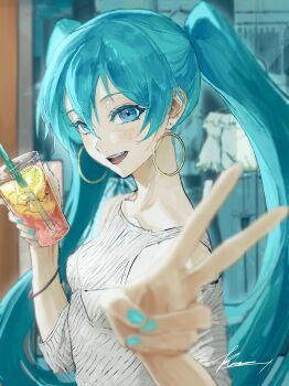 1girl absurdres aqua_eyes aqua_hair aqua_nails blush bracelet casual commentary_request cup disposable_cup drink drinking_straw earrings food fruit hatsune_miku highres holding holding_cup hoop_earrings ice ice_cube jewelry lemon lemon_slice long_hair looking_at_viewer open_mouth ratte_(cf) smile solo sweater teeth upper_body upper_teeth_only v vocaloid white_sweater