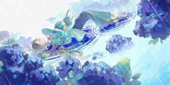 1girl absurdres black_shoes black_skirt blue_flower brown_hair closed_eyes commentary dutch_angle english_commentary eyewear_strap feathers flower full_body glasses green_feathers green_hat green_jacket grin hat hat_feather hat_flower hat_on_chest highres holding holding_unworn_clothes holding_unworn_hat hydrangea jacket kakania_(reverse:1999) long_hair long_skirt low_ponytail lying monuo518 neck_ribbon on_back orange_socks picture_hat ponytail profile rain red_ribbon reverse:1999 ribbon ripples shirt shoes skirt smile socks solo unworn_hat unworn_headwear water white_background white_shirt yellow_flower