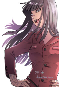 1girl :d black_hair blunt_bangs blunt_ends breasts buttons devil_summoner:_soul_hackers devil_summoner_(series) eyelashes fingernails floating_hair grey_eyes hand_tattoo hands_on_own_hips highres jacket long_hair long_sleeves medium_breasts nail_polish naomi_(soul_hackers) open_mouth red_jacket red_lips red_nails shinabita_nasubi simple_background smile solo tattoo teeth tsurime upper_teeth_only white_background