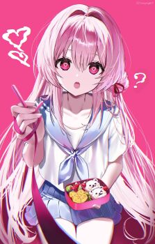 1girl ? bento blue_neckerchief blue_sailor_collar blue_serafuku blue_skirt chopsticks collarbone dress heart heart_in_eye highres holding_bento isono_(isonoproject) looking_at_viewer miniskirt neckerchief open_mouth original pink_background pink_eyes pink_hair pleated_dress pov red_ribbon ribbon sailor_collar sailor_shirt school_uniform serafuku shirt sitting skirt solo summer_uniform symbol_in_eye white_shirt yandere
