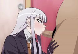 1boy 1girl akisora animated bedroom blush bottomless censored clothed_male_nude_female coat collared_coat collared_jacket collared_shirt danganronpa:_trigger_happy_havoc danganronpa_(series) dark-skinned_male dark_skin door doorknob doorway drooling ears eyelashes fellatio gloves hand_on_another's_leg hand_on_another's_thigh hetero jacket kirigiri_kyoko legs lips necktie nude offscreen_person oral orange_necktie penis pink_lips pubic_hair purple_coat purple_eyes purple_gloves purple_hair purple_jacket red_background saliva saliva_trail shiny_skin shirt sound sound_effects studded_gloves studs tagme testicles video