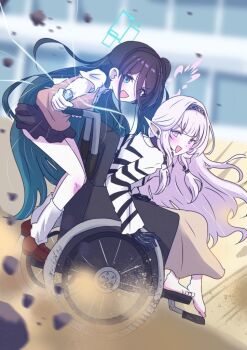 2girls :d accelerator_(toaru_majutsu_no_index) accelerator_(toaru_majutsu_no_index)_(cosplay) aiming aiming_at_viewer aris_(blue_archive) black_hair black_hairband black_skirt blue_archive blue_eyes blue_halo brown_footwear brown_skirt brown_sweater_vest coin cosplay drifting dust electricity electrokinesis giorgio_(yo_sumire_sola1) hairband halo himari_(blue_archive) holding holding_coin long_hair looking_at_viewer miniskirt misaka_mikoto misaka_mikoto_(cosplay) multiple_girls open_mouth pink_halo pointy_ears psychic railgun_(misaka_mikoto) school_uniform shirt sitting skirt smile socks striped_clothes striped_shirt summer_uniform sweater_vest toaru_kagaku_no_railgun toaru_majutsu_no_index toaru_majutsu_no_index:_endymion_no_kiseki tokiwadai_school_uniform very_long_hair wheelchair white_hair white_socks