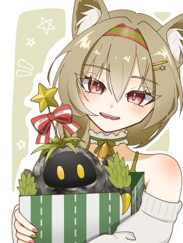 1girl animal animal_ear_fluff arknights beanstalk_(arknights) beanstalk_(gift_uncompleted)_(arknights) bell blush box braid brown_hair commentary_request domesticated_metal_crab_(arknights) green_hairband green_ribbon hair_ornament hairband hairclip highres holding holding_box hyena_ears hyena_girl long_hair multicolored_nails neck_bell neck_garter off-shoulder_sweater off_shoulder official_alternate_costume red_eyes ribbon shoulder_blush smile solo striped_clothes striped_hairband sweater tukimino_1103 two-tone_nails white_sweater