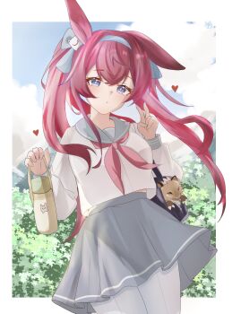 1girl animal_ears arknights border chinese_commentary commentary cowboy_shot creature front-seamed_legwear grey_hairband grey_sailor_collar grey_skirt hairband hands_up heart highres holding long_hair long_sleeves looking_at_viewer multicolored_hair neckerchief outside_border pantyhose pink_hair pink_neckerchief purple_eyes purple_hair ray_(arknights) sailor_collar school_uniform seamed_legwear serafuku shirt skirt solo standing streaked_hair v white_border white_pantyhose white_shirt zerosama_(sailuojiang)