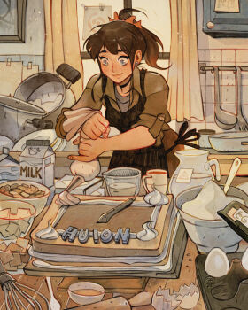 1girl apron baking black_apron black_choker blue_eyes bow bowl brown_hair brown_pants cake cake_decoration choker closed_mouth commentary cooking_pot counter cowboy_shot cup curtains drink_carton earrings egg egg_carton eggshell food green_shirt grey_shirt hair_bow highres holding holding_pastry_bag icing jewelry kitchen ladle light_smile measuring_cup milk_carton mug original pants pastry_bag pen picture_frame plate ponytail product_placement red_bow rolling_pin shirt simz sink sleeves_rolled_up solo spatula whisk window