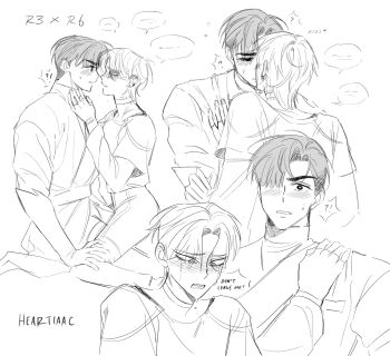 Rule 34 | !?, 2boys, alien stage, bad id, bad twitter id, blush, choker, coat, english text, gloves, heartiaac, highres, ivan (alien stage), kiss, male focus, multiple boys, neck tattoo, open mouth, shirt, short hair, signature, sitting, sitting on lap, sitting on person, tattoo, till (alien stage), turtleneck, turtleneck shirt, yaoi