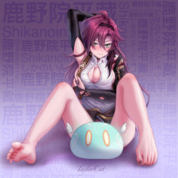 1girl absurdres anemo_slime_(genshin_impact) artist_name bare_legs barefoot black_nails black_sleeves blush breasts character_name feet full_body genderswap genderswap_(mtf) genshin_impact green_eyes highres knee_blush large_breasts light_smile long_hair long_sleeves mole mole_under_eye nail_polish purple_hair shikanoin_heizou slime_(genshin_impact) smile taylorcat text_background toenail_polish toenails toes