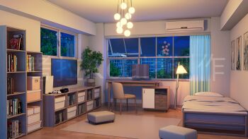 3d air_conditioner bed bedroom book chair chinese_commentary commentary_request controller curtains desk game_controller hanging_light highres indoors lamp monitor mr.koala night original pillow ponytail rug scenery shelf still_life television variant_set watermark window wooden_floor