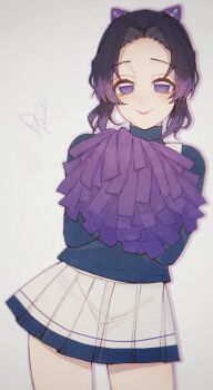 0_ebj :&gt; blue_shirt bug butterfly butterfly_hair_ornament cheerleader closed_mouth colored_tips commentary_request cowboy_shot hair_intakes hair_ornament highres holding holding_pom_poms insect kimetsu_no_yaiba kochou_shinobu lips long_sleeves looking_at_viewer multicolored_hair pleated_skirt pom_pom_(cheerleading) pom_poms purple_butterfly purple_eyes purple_hair shirt sidelocks skirt thighs turtleneck updo white_skirt