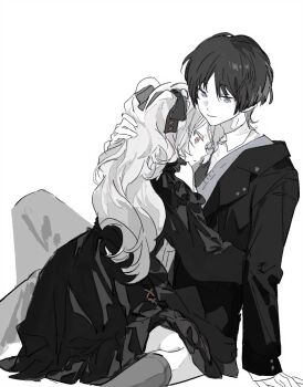 1boy 1girl alternate_costume arm_at_side arm_support artist_request blazer blunt_ends bow closed_mouth clothing_cutout collared_shirt commission commissioner_insert contemporary couple cross-laced_clothes cross-laced_dress dress eyelashes frilled_bow frilled_dress frills genshin_impact greyscale hair_bow half-closed_eyes hand_in_another&#039;s_hair hayami_momo_(hayamimomo) hetero highres hug jacket lapels long_hair long_sleeves looking_at_another monochrome necktie original pants parted_bangs scaramouche_(genshin_impact) school_uniform second-party_source shirt shoulder_cutout sitting smile spot_color sweater_vest tsurime two_side_up wariza