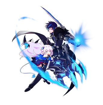 1boy 1girl attack bare_shoulders black_bow black_coat black_hair black_pants black_shoes blue_dress blue_eyes blue_fire blue_hair blue_horns blue_shirt blue_tail blue_thighhighs bow chain ciel_(elsword) claws closed_mouth clothing_cutout coat coattails demon_girl demon_horns demon_tail determined dress dress_pants dress_shoes dual_wielding elsword eyelashes fire firing floating_clothes floating_hair footwear_bow frown full_body fur-trimmed_coat fur_trim game_cg gun highres holding holding_gun holding_sword holding_weapon horns hwansang long_hair long_sleeves looking_at_viewer luciela_r._sourcream miniskirt multicolored_hair official_art open_clothes open_coat open_mouth pants petite pointy_ears pyrokinesis red_skirt second-party_source shirt shoes short_dress shoulder_cutout skirt skirt_under_dress slashing small_horns streaked_hair sword tachi-e tail thighhighs transparent_background v-shaped_eyebrows very_long_hair weapon white_hair