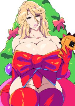2024 bare_shoulders bleach bleach:_sennen_kessen-hen blonde_hair blue_eyes breasts christmas christmas_lights christmas_ornaments christmas_tree collarbone elbow_gloves gloves highres holding holding_phone kon_(bleach) large_breasts legs_together matsumoto_rangiku medium_hair mole mole_under_mouth naked_ribbon phone red_thighhighs ribbon shiny_skin sitting thighhighs thighs young_pvch