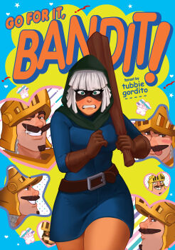 1boy 1girl absurdres artist_name bandit_(clash_royale) belt blue_dress blue_eyes brown_belt brown_gloves clash_royale club_(weapon) dress english_text facial_hair ganbare!_nakamura-kun!! ganbare!_nakamura-kun!!_cover_parody gloves green_hood grin helmet highres holding holding_weapon licking_lips multiple_views mustache one_eye_closed prince_(clash_royale) smile sweat tongue tongue_out tubbiegordito weapon white_hair