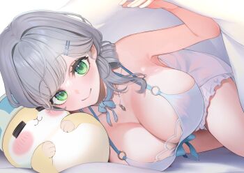 1girl =_= armpit_peek babydoll bare_shoulders blue_babydoll blunt_bangs blush bow bow_choker breasts choker cleavage commentary_request creature dan&#039;in-san_(shirogane_noel) dokkumaa green_eyes grey_hair hair_bun hair_ornament hairpin highres hololive jewelry large_breasts light_smile looking_at_viewer lying necklace o-ring official_alternate_costume official_alternate_hairstyle on_side shirogane_noel shirogane_noel_(9th_costume) single_hair_bun sleepwear solo thighs under_covers very_low_bun virtual_youtuber