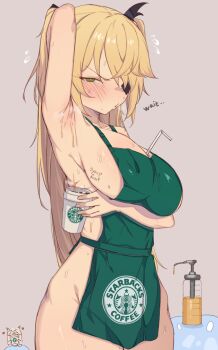 1girl apron armpits between_breasts black_ribbon blonde_hair blush brand_name_imitation breasts coffee commentary commentary_request cup english_commentary eyepatch fischl_(genshin_impact) genshin_impact green_apron green_eyes grey_background hair_ribbon highres holding holding_cup iced_latte_with_breast_milk_(meme) kkry99 korean_commentary large_breasts long_hair looking_at_viewer meme naked_apron oz_(genshin_impact) ribbon simple_background starbucks sweat thighs