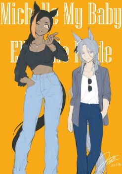 2girls abs absurdres animal_ears black_hair black_shirt blonde_hair blue_pants commentary_request crop_top dark-skinned_female dark_skin ellerslie_pride_(umamusume) grey_hair grey_jacket highres horse_ears horse_girl horse_tail jacket jewelry kuzumi_taiyou long_hair long_sleeves looking_at_viewer michelle_my_baby_(umamusume) multicolored_hair multiple_girls necklace one_eye_closed orange_eyes pants purple_eyes shirt sunglasses tail umamusume umamusume:_cinderella_gray white_shirt yellow_background