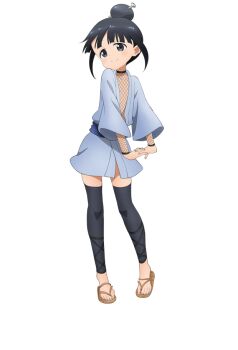 1girl anime_coloring bent_over black_eyes black_hair black_thighhighs blue_kimono blue_sash blush closed_mouth fishnet_sleeves fishnet_top fishnets flat_chest full_body hair_bun hair_ornament hair_stick japanese_clothes kimono kunoichi_tsubaki_no_mune_no_uchi looking_at_viewer mokuren_(kunoichi_tsubaki_no_mune_no_uchi) ninja obi official_art okuda_yousuke open_clothes open_kimono sash short_hair short_kimono sidelocks simple_background single_hair_bun smile solo standing stretching tachi-e tareme thighhighs transparent_background waraji wide_sleeves