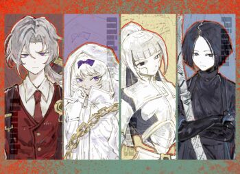 2girls albina_(project_moon) black_hair bow bowl_cut chain commentary_request facing_viewer grey_hair hair_bow highres holding holding_sword holding_weapon hood hoodie kalliope_orc katana kira_(project_moon) limbus_company lucio_(project_moon) multiple_girls ponytail project_moon ren_(project_moon) robot_girl sword the_middle_(project_moon) the_pinky_(project_moon) the_ring_(project_moon) the_thumb_(project_moon) weapon white_hair