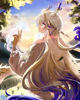 Rule 34 | 1girl, absurdres, arknights, bare shoulders, blonde hair, blue hair, closed mouth, commentary request, dragon, dragon girl, dragon horns, dragon tail, earrings, eastern dragon, eastern dragon horns, eastern dragon tail, from behind, gradient hair, green eyes, grey hair, hair between eyes, highres, horns, jewelry, long hair, long sleeves, looking at viewer, looking back, multicolored hair, pointy ears, shu (arknights), simple background, smile, solo, sunset, tail, tassel, tassel earrings, toumyao neko, white background, white hair