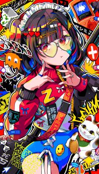 1girl :t absurdres black_hair black_jacket blue_shorts blunt_bangs colorful commentary cowboy_shot glasses hair_ornament hairclip harness hashtag-only_commentary heart heart-shaped_eyewear highres icon_(computing) jacket jewelry long_sleeves looking_at_viewer looking_to_the_side maneki-neko multicolored_hair multicolored_jacket nail_polish original pixel_art_inset pout print_jacket puffy_sleeves recycle_bin red_eyes red_jacket ring short_shorts shorts smiley_face solo space_invaders ssm_a_u standing symbol-only_commentary tinted_eyewear walkman weapon weapon_on_back white_jacket white_nails yellow-tinted_eyewear