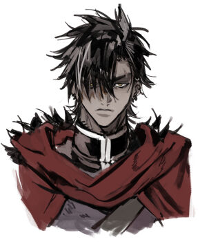 1boy black_hair black_shirt collared_shirt commentary_request cropped_torso dark-skinned_male dark_skin eyebrow_cut forbartz_xylo highres keitozzz looking_at_viewer male_focus red_scarf sanpaku scarf shirt simple_background solo upper_body white_background yuushakei_ni_shosu