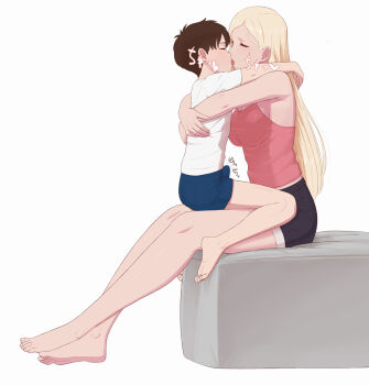 1boy 1girl age_difference armpits barefoot black_shorts blonde_hair blue_shorts brown_hair bulge closed_eyes erection erection_under_clothes height_difference highres kiss legs long_hair mizuno_(pixiv31352320) onee-shota original pink_shirt shirt short_shorts shorts shota simple_background sitting sitting_on_lap sitting_on_person tall_female tank_top thighs white_background white_shirt