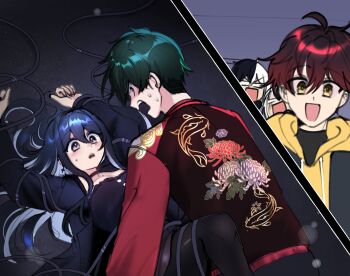 1girl 4boys :d ahoge arms_up black_choker black_dress blue_hair boy_on_top breasts caught choker commentary cross cross_choker double-parted_bangs dress english_commentary green_hair hair_between_eyes highres jacket long_hair long_sleeves lying medium_breasts misunderstanding multiple_boys on_back open_mouth original print_jacket red_hair red_jacket ryuuxin sadie_(ryuuxin) smile sweat