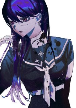 1girl belt black_sailor_collar black_shirt blood blood_on_clothes closed_mouth ear_piercing earrings glasses hashtag-only_commentary highres jewelry long_hair long_sleeves neckerchief ochito piercing purple_hair red_eyes sailor_collar shirt shizuhara_hiruko simple_background solo the_hundred_line_-last_defense_academy- white_background white_belt white_neckerchief