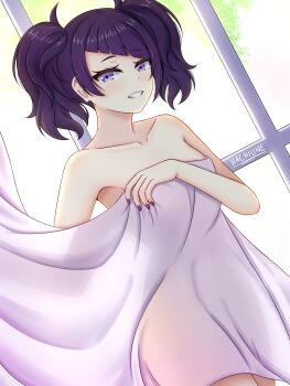 1girl armpits artist_name artist_request breasts clenched_teeth collarbone completely_nude covering_privates curtain_grab curtains day diagonal_bangs embarrassed eyelashes female_focus fingernails hachiune_(artist) hand_up highres idolmaster idolmaster_shiny_colors indoors legs legs_together long_hair looking_at_viewer matching_hair/eyes medium_breasts nail_polish namco neck nervous_smile nude nude_cover outstretched_arm pale_skin parted_lips purple_eyes purple_hair purple_nails see-through_silhouette sidelocks smile standing sunlight tanaka_mamimi teeth thighs twintails wavy_hair window