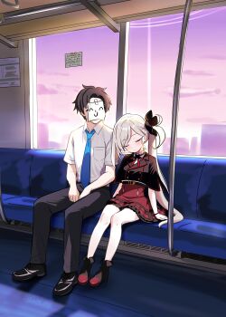 1boy 1gen_sinkun 1girl belt black_belt black_boots black_hair black_pants black_shirt black_shoes blue_archive blue_necktie blush boots closed_eyes closed_mouth collared_shirt commentary_request cropped_shirt doodle_sensei_(blue_archive) dress_shirt frilled_skirt frills full_body grey_hair hair_behind_ear high-waist_skirt highres legs_together long_hair looking_at_another mutsuki_(blue_archive) neck_ribbon necktie pants paper_on_head plaid_clothes plaid_skirt pointy_ears red_ribbon red_skirt ribbon school_uniform sensei_(blue_archive) shirt shoes short_hair side-by-side side_ponytail sitting skirt sleeping sunset train_interior very_long_hair white_shirt window