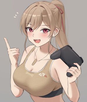 1girl amayo_thranana bare_arms bare_shoulders breasts brown_background brown_hair brown_sports_bra cleavage controller furen_e_lustario furen_e_lustario_(5th_costume) game_controller highres holding holding_controller holding_game_controller jewelry large_breasts light_blush long_hair necklace nijisanji open_mouth ponytail red_eyes simple_background smile solo sports_bra upper_body virtual_youtuber