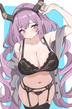 1girl absurdres arknights arm_up black_bra black_hairband black_horns black_panties black_thighhighs blue_background blush border bra breasts cleavage closed_mouth commentary_request cowboy_shot eggplant7217 garter_belt grey_shirt groin hairband highres horns lace lace_bra large_breasts long_hair navel off_shoulder outside_border panties partial_commentary pink_eyes purple_hair shirt smile solo standing thighhighs typhon_(arknights) underwear very_long_hair white_border