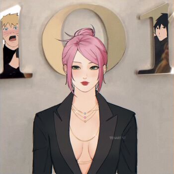 1boy 1girl alternate_costume alternate_hairstyle artist_name black_eyeliner black_eyes black_hair black_jacket black_shirt blazer blonde_hair blush breasts closed_mouth commentary ear_piercing english_commentary eyeliner facial_mark film_grain glint gold_necklace green_eyes hair_bun haruno_sakura highres image_warping jacket jewelry looking_ahead looking_at_viewer makeup medium_breasts meme multiple_necklaces naruto_(series) necklace open_mouth photo-referenced photo_background piercing red_lips shirt single_hair_bun spiked_hair surprised swept_bangs tenartistt uchiha_sasuke upper_body uzumaki_naruto watermark whisker_markings