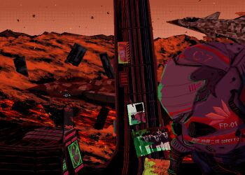 1boy absurdres aircraft airplane airplane_interior ashes bar_censor battle burning censored censored_identity crimson_1_(project_wingman) embers fighter_jet group_picture helmet highres mikecraftz military military_vehicle note orange_sky pacific_federation_flag photo_(object) pilot pixel_art project_wingman reflector_sight ruins scenery screen sky war