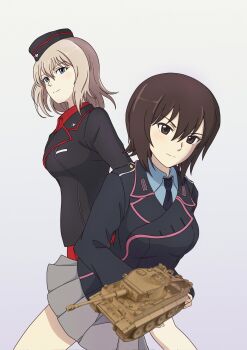 Rule 34 | 2girls, black hat, black jacket, black necktie, blue eyes, brown eyes, brown hair, commentary request, cross, garrison cap, girls und panzer, gradient background, grey hair, grey skirt, hat, highres, holding, holding toy, iron cross, itsumi erika, jacket, kuromorimine military uniform, long sleeves, looking at viewer, looking to the side, military, military hat, military jacket, military uniform, military vehicle, miniskirt, mito (mitotank), model kit, motor vehicle, multiple girls, necktie, niedersachsen military uniform, nishizumi maho, pleated skirt, red skirt, short hair, simple background, skirt, tank, tiger i, toy