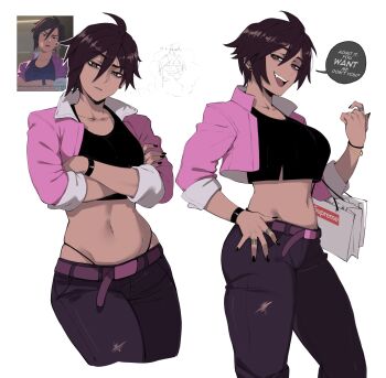 1girl :d absurdres bag bandeau belt black_bandeau black_hair black_pants breasts collarbone crossed_arms dark-skinned_female dark_skin dispatch english_text hair_between_eyes highres holding holding_bag invisigal jacket looking_at_viewer masoq medium_breasts midriff open_clothes open_jacket open_mouth pants pink_jacket purple_belt simple_background smile solo speech_bubble white_background