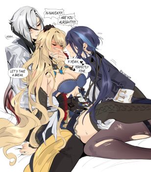 3girls arlecchino_(genshin_impact) aroused_nosebleed blonde_hair blood blue_hair blue_nails breasts clorinde_(genshin_impact) commentary english_commentary english_text fff_threesome genshin_impact group_sex highres long_hair multiple_girls navia_(genshin_impact) nosebleed pantyhose seijousai sitting threesome torn_clothes torn_pantyhose very_long_hair white_hair yuri