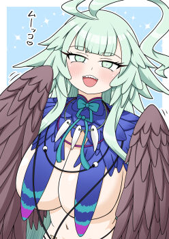 1girl ahoge berun_(zakeruga1zakeru) blush breasts brown_feathers brown_wings commentary_request fate/grand_order fate_(series) feather_capelet feathered_wings feathers green_eyes green_hair hair_between_eyes harpy highres huge_ahoge jewelry large_breasts long_hair looking_at_viewer louhi_(fate) louhi_(third_ascension)_(fate) monster_girl navel necklace open_mouth sharp_teeth sidelocks solo teeth tooth_necklace winged_arms wings