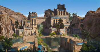 blue_sky bridge building day desert grass highres house landscape market_stall middle_eastern_architecture oasis original painterly palm_tree people railing refiend sandstone scenery signature sky stairs sunlight tree water