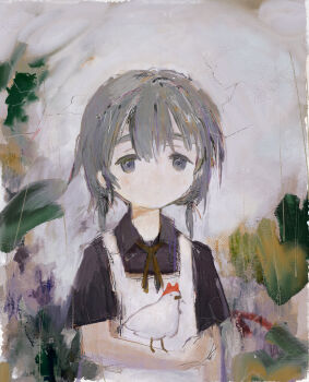 1girl absurdres apron bird chicken ciel_(paradis47) commentary grey_hair highres looking_at_viewer neck_ribbon original ribbon short_sleeves solo upper_body white_apron