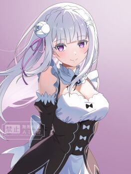 Rule 34 | 1girl, bagworm (mirahuru), braid, breasts, cleavage, cosplay, emilia (re:zero), flower, gradient background, hair flower, hair ornament, hair ribbon, highres, large breasts, long hair, looking at viewer, pointy ears, purple eyes, re:zero kara hajimeru isekai seikatsu, rem (re:zero), rem (re:zero) (cosplay), ribbon, roswaal mansion maid uniform, smile, solo, upper body, white flower, white hair, x hair ornament