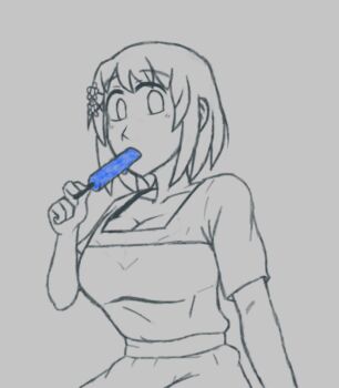 1girl alternate_costume azugarosu breasts cleavage collarbone eating flower food hair_flower hair_ornament hirasawa_yui holding_food holding_popsicle k-on! large_breasts looking_at_viewer popsicle shirt short_hair short_sleeves sketch skirt solo spot_color