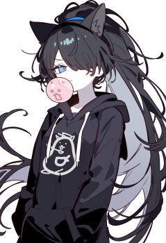 1girl absurdres alternate_costume animal_ears black_hair black_hairband black_hoodie blowing_bubble_gum blue_eyes breasts bubble cat_ears cat_girl chewing_gum ebora extra_ears hair_over_one_eye hair_tie hairband hands_in_pocket highres hood hood_down hoodie kasli_(nyanko_daisensou) long_hair looking_at_viewer nyanko_daisensou pale_skin ponytail print_hoodie small_breasts solo very_long_hair white_background