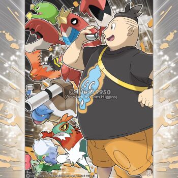 Rule 34 | 1boy, artist name, black hair, black shirt, blastoise, brown shorts, cannon, closed mouth, colored sclera, commentary, company name, copyright notice, crawdaunt, english commentary, from side, gen 1 pokemon, gen 2 pokemon, gen 3 pokemon, gen 4 pokemon, gen 6 pokemon, hawlucha, holding, holding poke ball, instagram username, male focus, mega blastoise, mega pokemon, merchandise available, nintendo, official style, open mouth, outline, pincers, poke ball, poke ball (basic), pokemon, pokemon (creature), pokemon xy, politoed, red eyes, roserade, shirt, short hair, shorts, smile, t-shirt, talonflame, teeth, tierno (pokemon), tom higgins, watermark, white outline, yellow eyes, yellow sclera