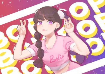 1girl blunt_bangs brown_hair chu_0618 closed_mouth commentary crop_top eunha_(gfriend) gfriend hashtag-only_commentary highres looking_at_viewer purple_eyes shadow smile solo song_name sparkle symbol-only_commentary twintails twitter_username upper_body viviz