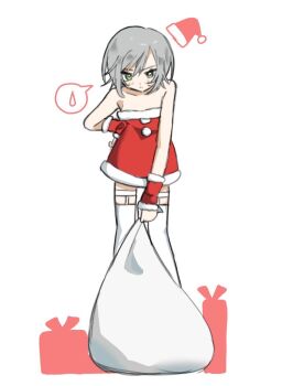 1girl alternate_costume bare_shoulders blush christmas closed_mouth collarbone commentary dress fur-trimmed_dress fur_trim green_eyes grey_hair hand_on_own_hip hat hinomori_shiho holding holding_sack jjjjinke16 leaning_forward project_sekai red_dress sack santa_costume santa_dress santa_hat short_dress short_hair sidelocks simple_background solo spoken_sweatdrop standing strapless strapless_dress sweatdrop thighhighs white_background white_thighhighs zettai_ryouiki