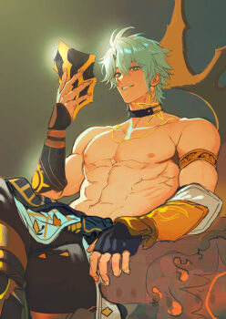 1boy abs armlet biceps black_choker black_gloves blue_eyes blue_hair choker crossed_legs fingerless_gloves gloves gold_armlet honkai:_star_rail honkai_(series) jewelry looking_at_viewer male_focus navel necklace nipples onegingek pectorals phainon_(honkai:_star_rail) short_hair sitting solo sun_symbol sun_tattoo tan tattoo teeth topless_male